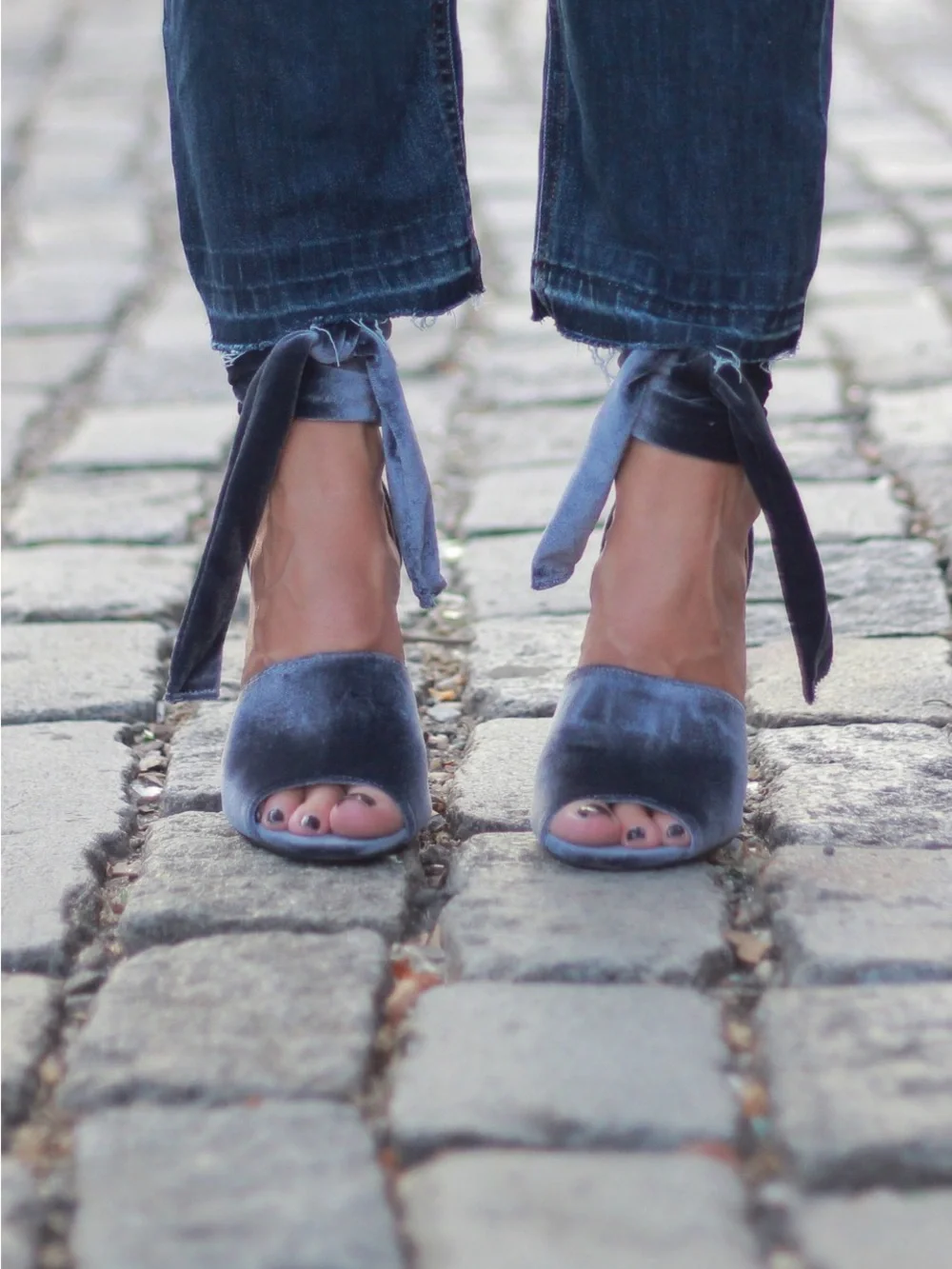 Catherine Malandrino Blue Velvet Ankle-Tie Peep-Toe Heels